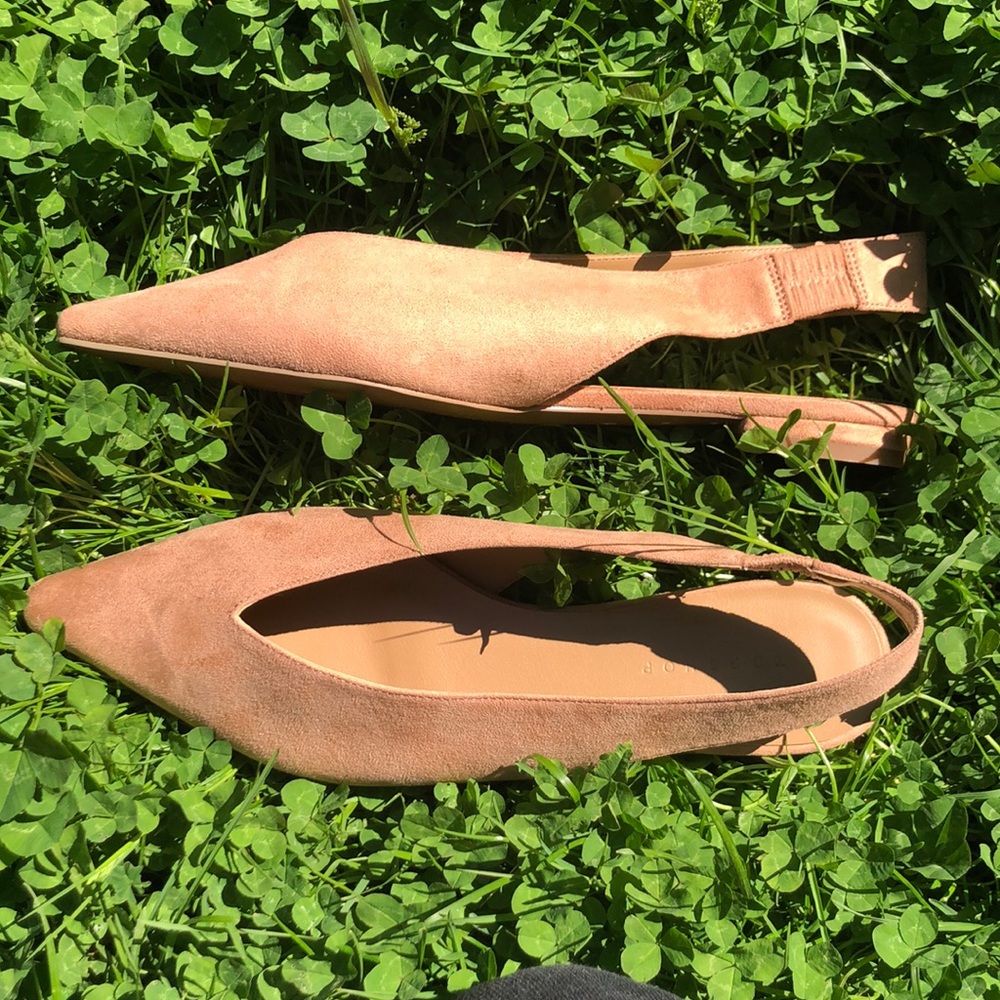 Natural colour faux suede sling back flats. Never worn